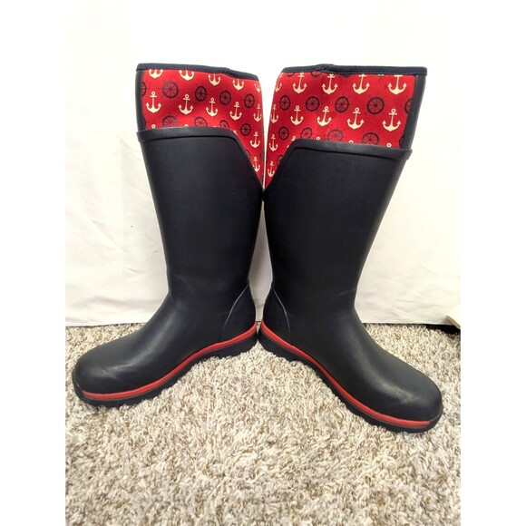 The Original Muck Boot Company Tall Chore Rain Boots Size 7 Navy Red Nautical - Picture 10 of 12